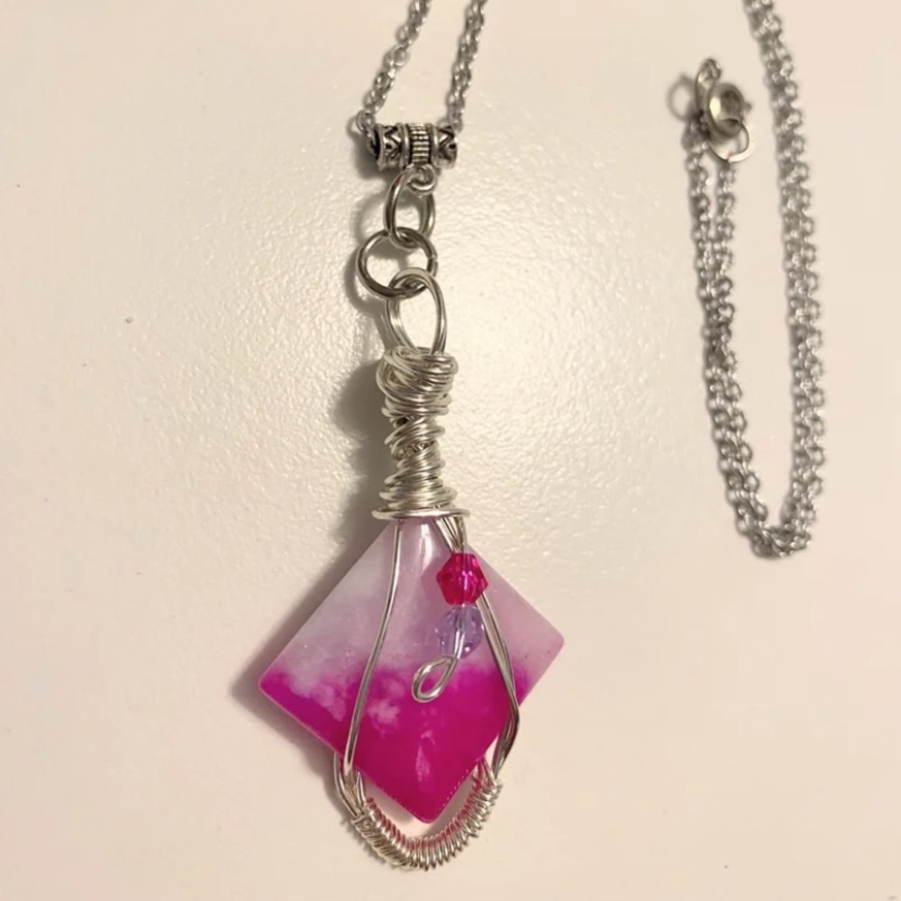 Pink Jade and Silver Wire Wrapped Pendant Necklace